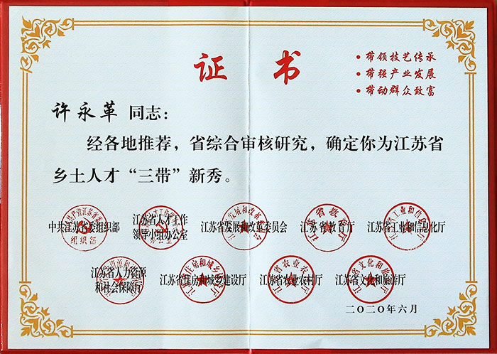 2020年6月乡土人才“三带”新秀 获奖人：许永革